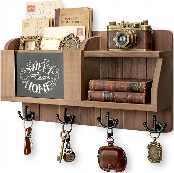Rebee Vision Farmhouse Key and Mail Holder for Wall - Mail Organizer with Chalkboard and 4 Hooks - Rustic Home Decor for Entryway