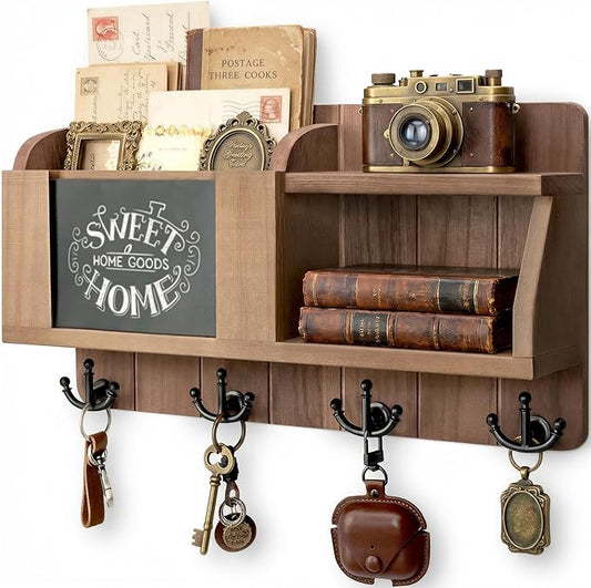 Rebee Vision Farmhouse Key and Mail Holder for Wall - Mail Organizer with Chalkboard and 4 Hooks - Rustic Home Decor for Entryway