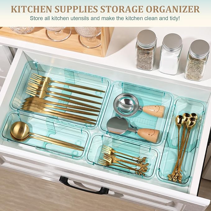15 Pcs Adjustable Clear Drawer Organizer, All Extendable Vanity Storage Bins, Desk Drawer Organizer Set for Makeup, Cosmetics, Bedroom, and Gadgets, Blue