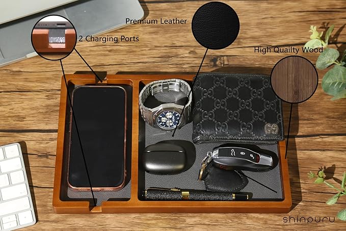 Shinpuru Wooden Valet Tray with Leather Inlay - Nightstand & Desk Organizer - EDC Essentials Catchall Tray for Keys, Phone, Wallet, Watch, Earbuds - Stylish Storage (Wood-Phone)