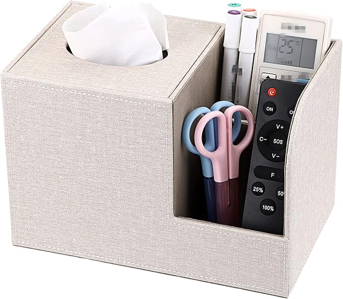 Sumnacon Square Linen Tissue Box Cover - Decorative Cube Tissue Box Holder with Side Organizer, Modern Tissue Box for Living Room Vanity Night Stand Table Countertop Office, Beige