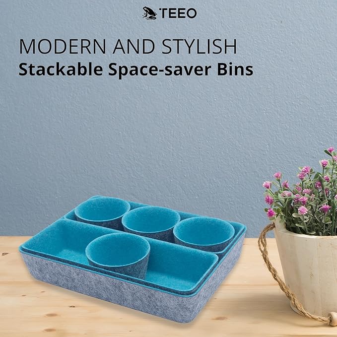 Teeo - Desk Organizer Drawer - Makeup Drawer Organizer Trays - Bathroom Drawer Organizer - Small Desk Organizer - Home Office Cosmetic Bins Dividers Compartment Organization - Pack of 7, Turquoise