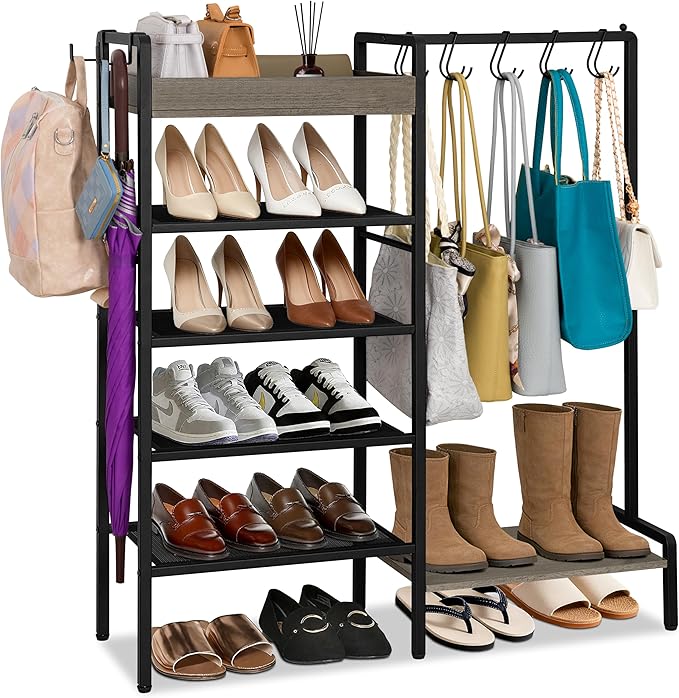 2-in-1 Narrow Shoe Rack with Bag Organizer, Garage Shoe Rack with Wooden Tray & 7 Hooks, Industrial Metal Shoe Shelf for Boot Storage, Front Door Entrance, Entryway, Closet, Black