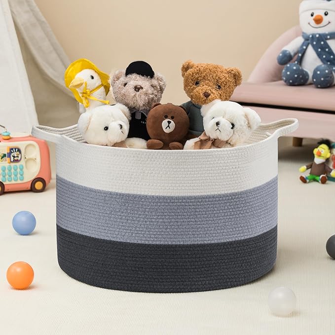 XXXLarge Woven Cotton Rope Basket (21.7" x 13.8") 90L – Blanket Basket for Living Room, Laundry Hamper, Baby Laundry Hamper, Toy Storage, Pillows & Cushions Organizer (White & Blue)