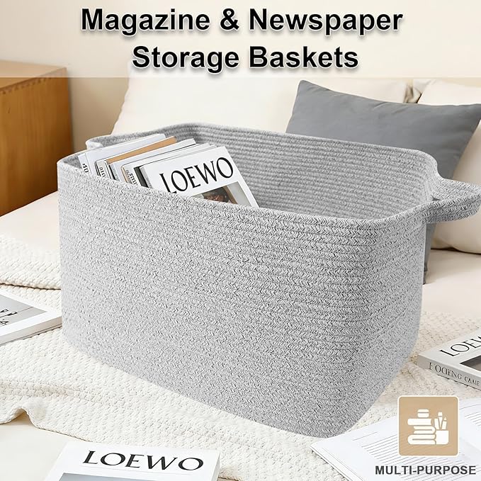 Magazine & Newspaper Baskets,65L Large Woven Rope Blanket Basket,21"x16"x12"Storage Bin with Handle,Toys Storage,Laundry Basket for Home Organization/Living Room/Nursery/Bedroom,Grey