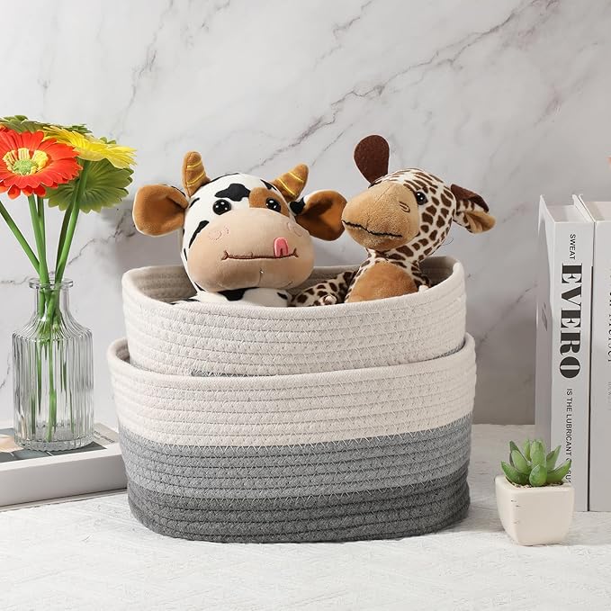 Sawysine 6 Pcs Cotton Rope Woven Basket for Storage Baskets for Organizing Storage Baskets Rope Basket with Handles for Cloth Blanket Toys Living Room Bathroom Laundry (Gray and White)