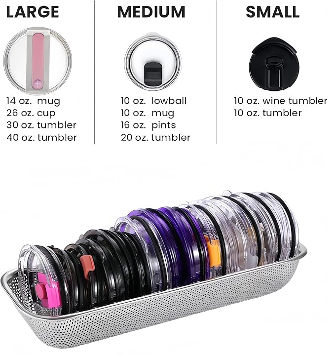 2Pack Stainless Steel Tumbler Cup Lid Organizer Inside Cabinet, Mason Jar Lid Holder, Rectangular Basket for Storage of Silverware, Chopsticks, straws and Utensils