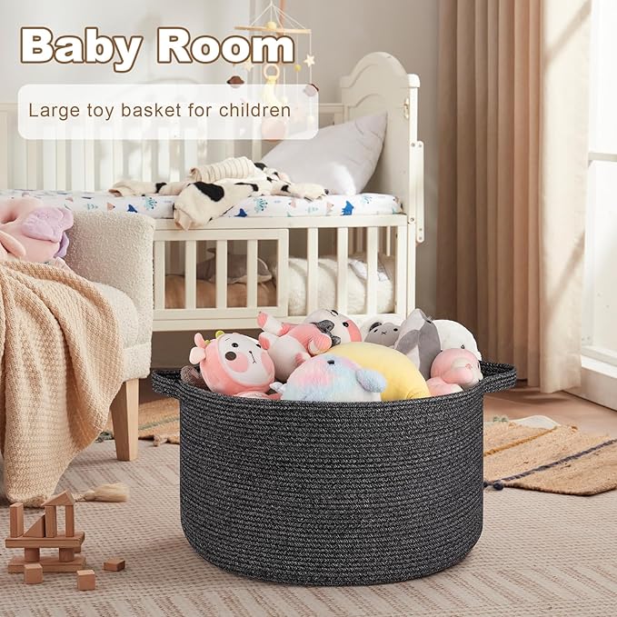 Large Woven Baskets for Storage, 22.8" x 22.8" x 13" Blanket Storage Living Room, Baby Toy Basket for Clothes, Pillows, Towels, Shoe Basket for Entryway (Black)