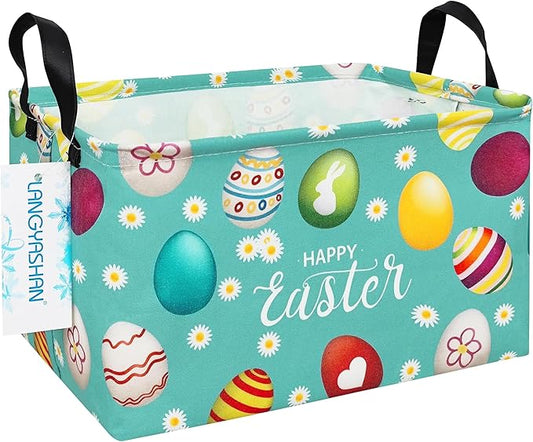 LANGYASHAN Rectangular Storage Bin Collapse Canvas Fabric Cartoon Storage Basket with Handles for Organizing Home Kitchen Boys and Girls Toys Office Closet Shelf Baskets (Rec Daisy Easter Egg)