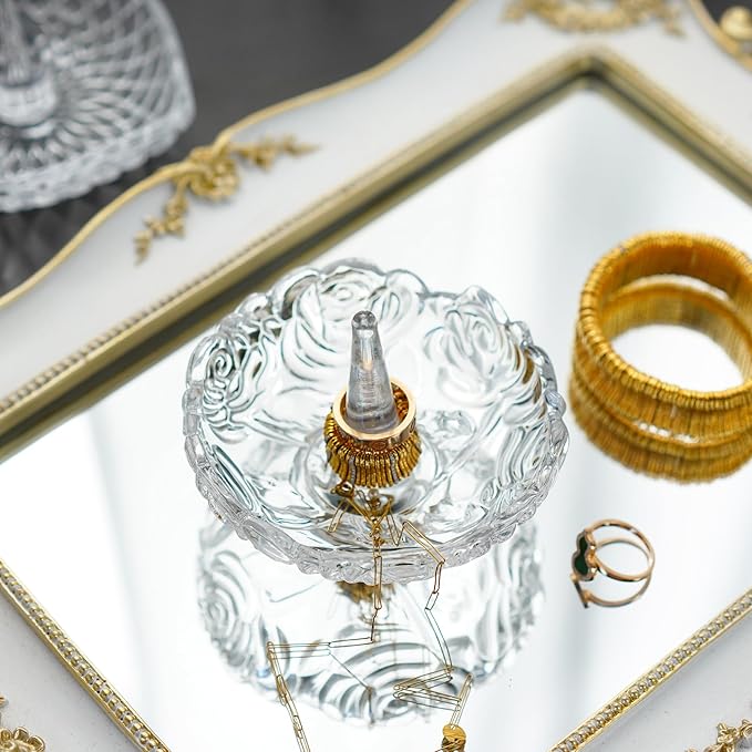 H&D HYALINE & DORA 4âClear Crystal Ring Holder,Round Glass Ring Dish,Jewelry Rack Ring Holder for Wedding,Jewelry Display Gifts for Mom Wife Girlfriend