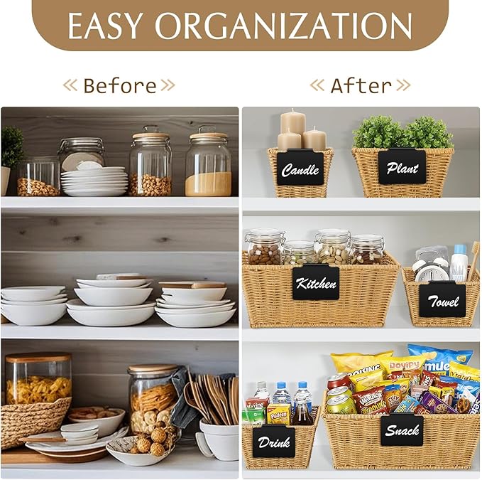 Marsui 6 Pcs Wicker Storage Baskets with Labels Handwoven Multi-size Natural Wicker Storage Bins for Organizing Small Baskets Container for Shelves Closet Pantry Toilet(Natural)
