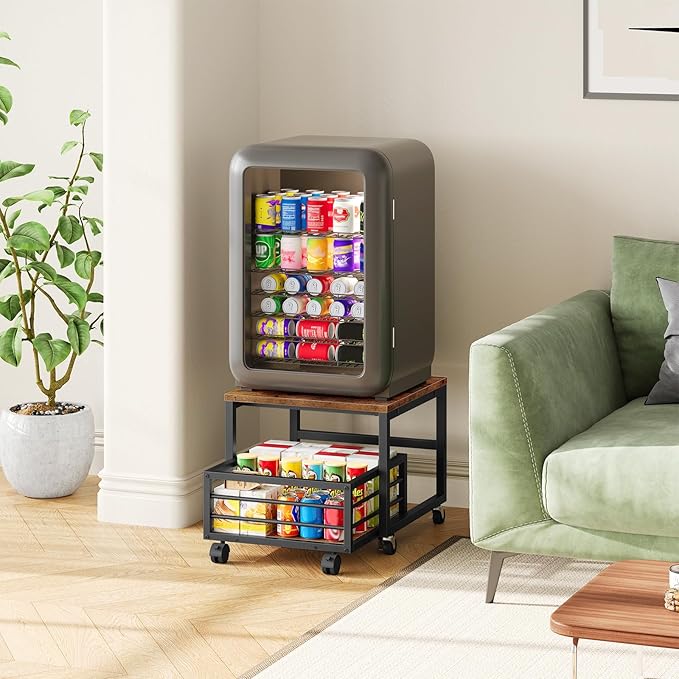HOOBRO Mini Fridge Stand with Movable Storage Basket, Mini Fridge Cabinet with Wheels and Adjustable Feet, Sturdy Metal Frame, for Kitchen, Living Room, Office, Rustic Brown and Black BF155TL01