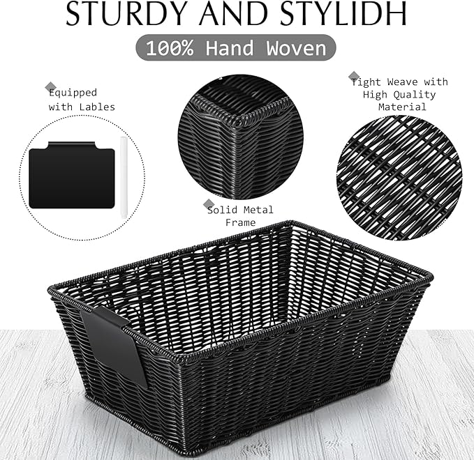 Marsui 6 Pcs Wicker Storage Baskets with Labels Handwoven Multi-size Black Wicker Storage Bins for Organizing Small Baskets Container for Shelves Closet Pantry Toilet