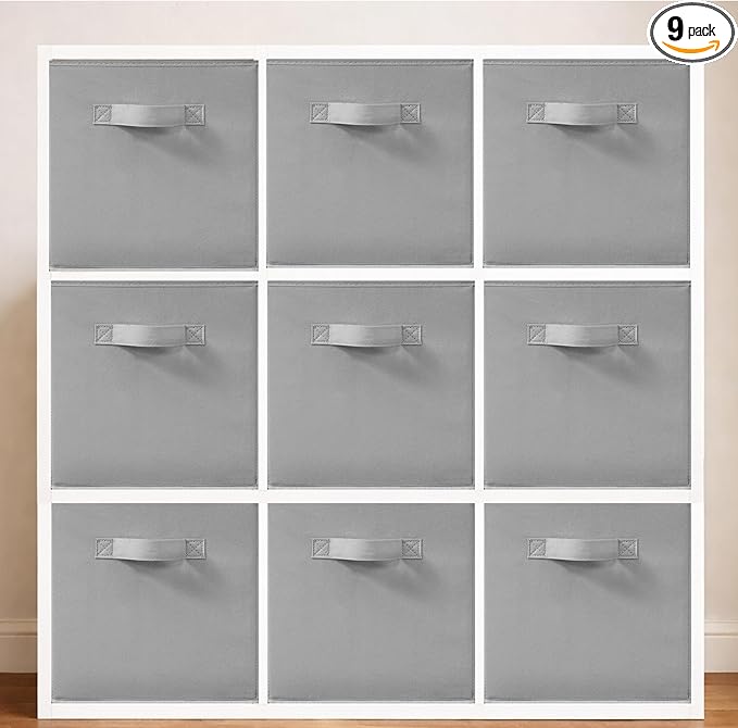 11 Inch Fabric Storage Bins, Storage Cubes, Collapsible Cube Storage Box, Fabric Closet Organizers with Handle for Home, Office, Shelf, Closets, Bedroom, Living Room, Grey, 9 Pack