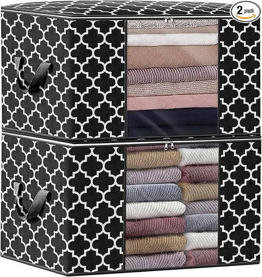 ISELIFE Storage Bags 100L 2-Pack Large Blanket Clothes Organization and Storage Containers for Bedding, Comforters, Foldable Organizer with Reinforced Handle, Clear Window, Sturdy Zippers, Black