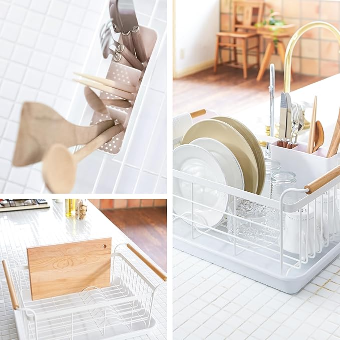 YAMAZAKI Home Dish Drying Rack – Modern White Dish Rack for Kitchen Counter with Removable Drainer Tray and Cutlery Holder, Steel + Wood Dish Drying Organizer - Steel + Wood -