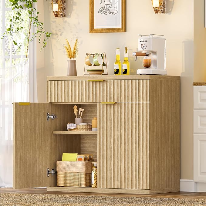 TEENFON Fluted Buffet Cabinet with Storage, 31.5" Sideboard Cabinet, Coffee Bar Cabinet with 2 Doors and Adjustable Shelf for Living Room, Kitchen, Entryway, Natural