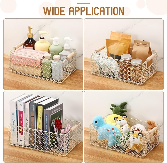 Honeydak 3 Set Wire Basket for Organizing with Wooden Handle Vintage Style Rectangle Mesh Metal Basket Food Storage Organizer for Home Kitchen Pantry Bathroom Picnic Cabinets (White)
