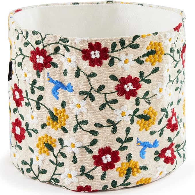 HAUSFRAU Decorative Storage Baskets - Round Embroidered Jacquard Baskets for Home Decor and Organizing - Small Storage Box and Organizer Bins, 6"x6"x6", Bird Flower