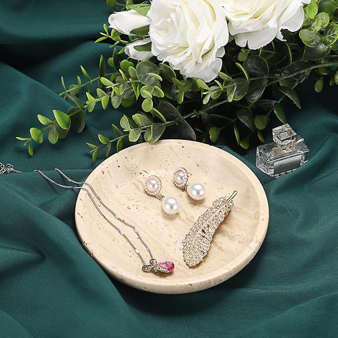 Hipiwe Small Key Bowl for Entryway, 5.5" Round Decorative Ring Holder Dish Natural Travertine Stone Trinket Tray Jewelry Dish Plate Candle Tray for Earring Necklaces Home Decor