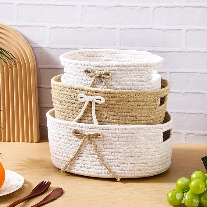 Breling 3 Pieces Bow Laundry Baskets with Coquette for Kids,Basket Bow Woven Gift Baskets with Handles for Living Room Toys Organizer,Girls Nursery Playroom, Pet Toy Basket(Khaki, White)