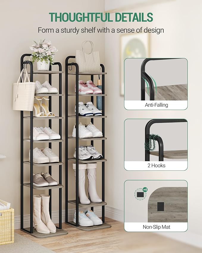 8 Tiers Vertical Shoe Rack, Narrow Shoe Tower, Tall Shoes Shelf with 2 Hooks, Adjustable Shelves, Corner Shoes Shelves for Small Spaces, Entryway, Living Room, Greige SR04305B