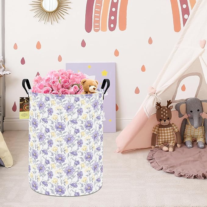 HUNRUNG Laundry Hamper,Large Canvas Fabric Lightweight Storage Basket Toy Organizer Dirty Clothes Collapsible Waterproof for College Dormsï¼Round-Purple Flowersï¼