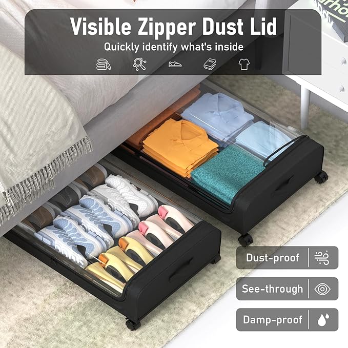 Under Bed Storage with Wheels, Under Bed Storage Containers for Clothes Shoe Toy Book Blanket, Under Bed Storage Drawer for Bedroom Under Bed Rolling Storage with Lid, 2 Pack