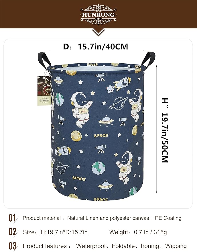 HUNRUNG Laundry Hamper,Large Canvas Fabric Lightweight Storage Basket Toy Organizer Dirty Clothes Collapsible Waterproof for College Dormsï¼Round-Blue Space Astronautï¼