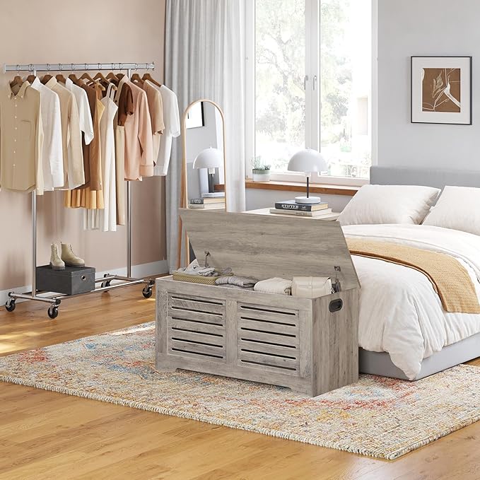 DINZI LVJ Storage Chest, 39.4âWooden Toy Box with 2 Safety Hinges, Retro Entryway Shoe Storage Bench with Flip-Top, Sturdy Large Storage Trunk for Living Room, Bedroom, Easy Assembly, Greige