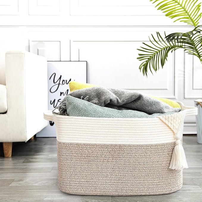 Large Blanket Basket, 60L Storage Baskets for Organizing, Woven Laundry Basket for Blankets, Cotton rope Blanket Storage for Living Room, Nursery Room, 19.7" L x 15.74" W x 11.8" H, Brown
