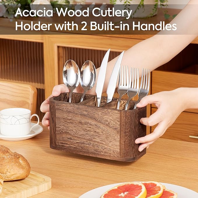 Wooden Silverware Holder for Countertop, Kitchen Utensil Caddy with 3 Compartments, Cutlery Storage Organizer Countertop, Flatware Organizer for Party, Spoon, Fork Holder