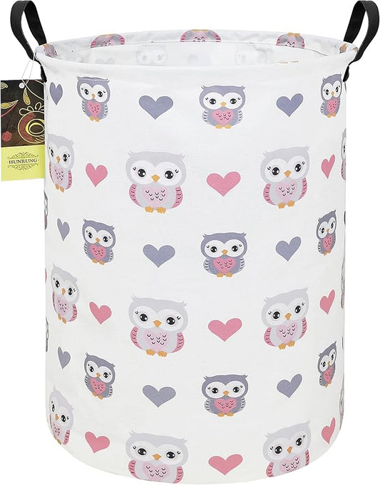 HUNRUNG Laundry Hamper,Large Canvas Fabric Lightweight Storage Basket Toy Organizer Dirty Clothes Collapsible Waterproof for College Dormsï¼Round-Love Owlï¼