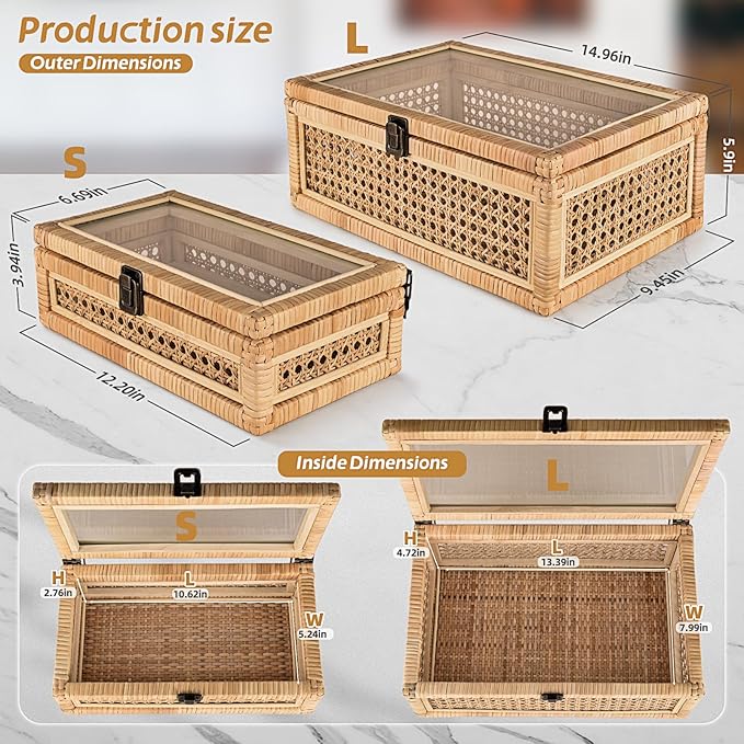 Large Decorative Box Lid Display, Large Keepsake Memory Storage Box, Decorative Box Hinged Lid Woven Rattan Jewelry Box with Glass Boho Vintage Decor Craft Organizer. Rattan