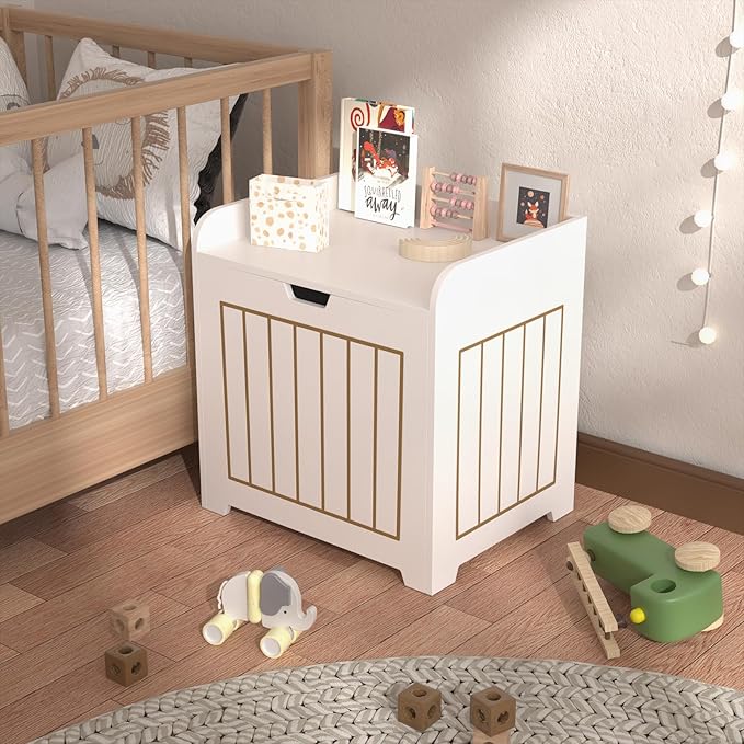 White Wooden Storage Chest Box, Small Cube Storage Organizer with Door, Modern Entryway Storage Bin for Home Books, Clothes, Plants, Square Side Table for Living Room or Bedroom