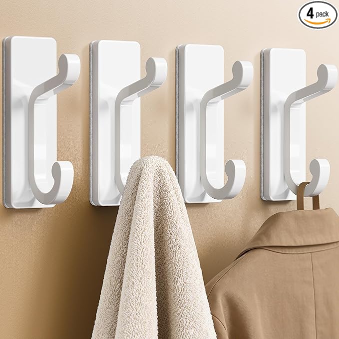 White Self Adhesive Wall Hooks - 4 Pack Sticky Hangers Wall Mount, Holds 13Lbs for Clothes, Towel, Robes, Keys, Double Hooks for Bathroom, Bedroom and Door.