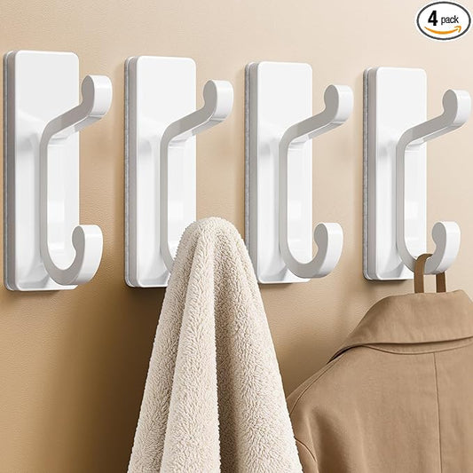 White Self Adhesive Wall Hooks - 4 Pack Sticky Hangers Wall Mount, Holds 13Lbs for Clothes, Towel, Robes, Keys, Double Hooks for Bathroom, Bedroom and Door.