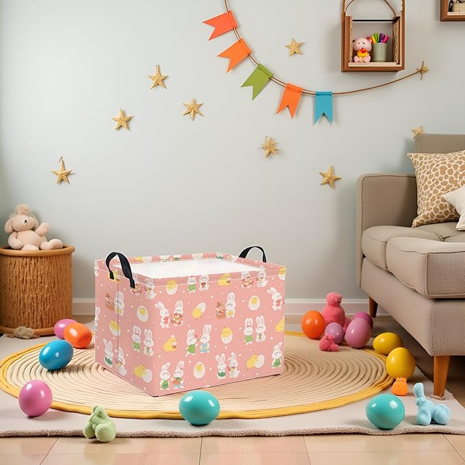 Rectangular Easter Basket for Home Kitchen Baby Girls Basket Cute Storage Bin Organizer Shelf Book Room Decor(Pink Cute Bunny)