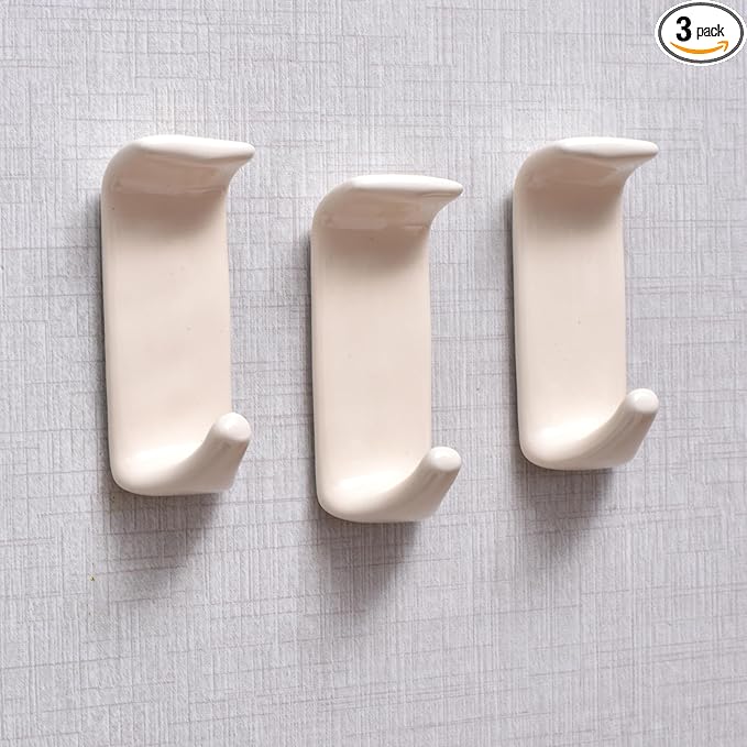 Indian Shelf Boho Ceramic Adhesive Wall Hooks - Damage-Free Decorative Blue Pottery Hangers for Keys & Towels, Renter-Friendly Stick-On Home Décor - 3 Hooks with 6 Strips(Style 5)
