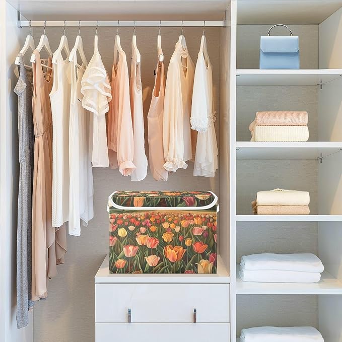 Collapsible Storage Bins with Lids Decorative Fabric Storage Cubes Closet Organizer and Storage Basket Boxes Containers for Clothes Box Chest Nursery Folding Rectangle Tulips Orange