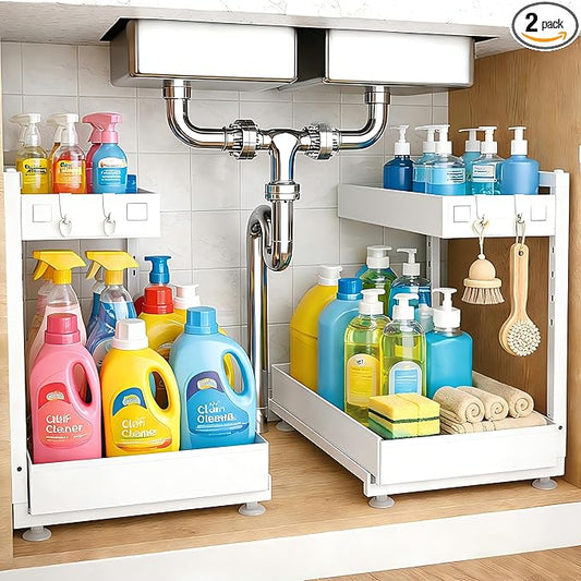 Under Sink Organizer, Bathroom Counter Organizer, 2 Packs 2-Tier Metal, Under Cabinet Storage, Makeup Storage, Adjustable Height & Slide-Out Drawer for Kitchen Bathroom Dorm Shop Office, White