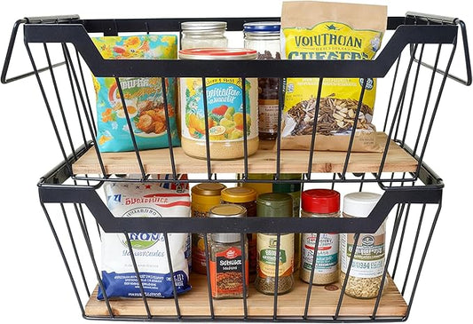 Metal Wire Basket with Handles Storage Organizer Stackable Organizing bins for Cabinet Shelf Countertop Under Sink Pantry for Kitchen,Bathroom,Laundry Closet,Set of 2pcs