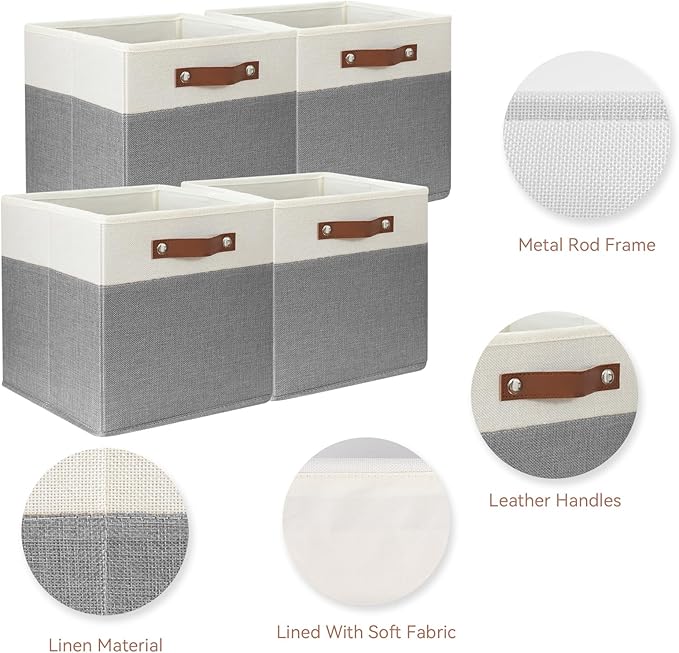 SNWDN 4 Pack Large Fabric Storage Baskets for Organizing Collapsible Fabric Storage Bins with Handles for Home and Office Organizing ((White/Grey 13x13x13 Inches)