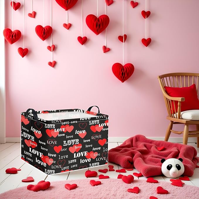 Rectangular Valentines Basket for Home Kitchen Girls Cute Kids Storage Bin Organizer Shelf Book Room Decor(Black Red Love)