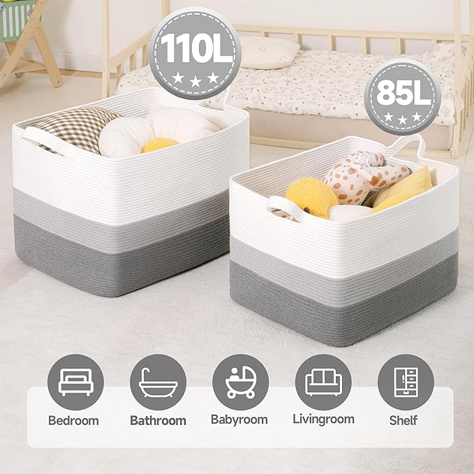 CLHMILY&Z Stylish Square Cotton Rope Storage Basket (Grey & White, 110L)