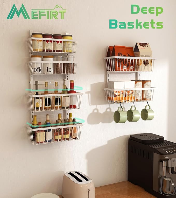 White 12 Inch Wide Narrow Over The Door Pantry Organizer, Pantry Organization and Storage, 8-Tier Metal Hanging Deep Basket Wall Spice Rack Seasoning Shelves, Home & Kitchen Essentials
