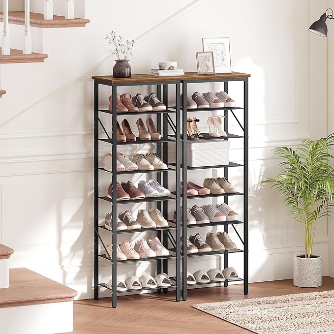 8-Tier Narrow Shoe Rack, Vertical Shoe Storage Organizer, for 8-16 Pairs, Shoe Shelf with Metal Frame, for Hallway, Entryway, Living Room, Rustic Brown and Black SRHR08401