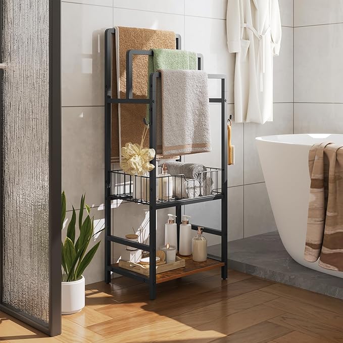 HOOBRO Free Standing Towel Rack, Blanket Rack with 3 Towel Bars, Storage Basket and Shelf, Towel Holder with Hook, Blanket Organizer, for Bathroom and Laundry, Black and Rustic Brown BF13LB01