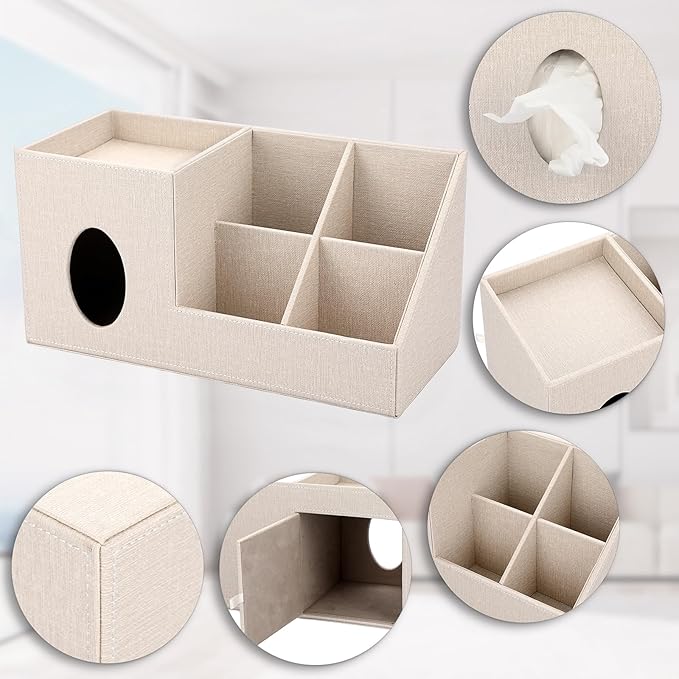 Sumnacon Square Linen Tissue Box Cover - Decorative Cube Tissue Cover with Side and Top Organizer, Modern Tissue Holder for Living Room Vanity Night Stand Table Countertop Office, Beige