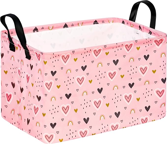 valentines basket Rec Pink Heart Print Box Hamper Storage Basket Collapsible Organizer Bin Gift Shelf Baskets for Home and Kitchen Storage